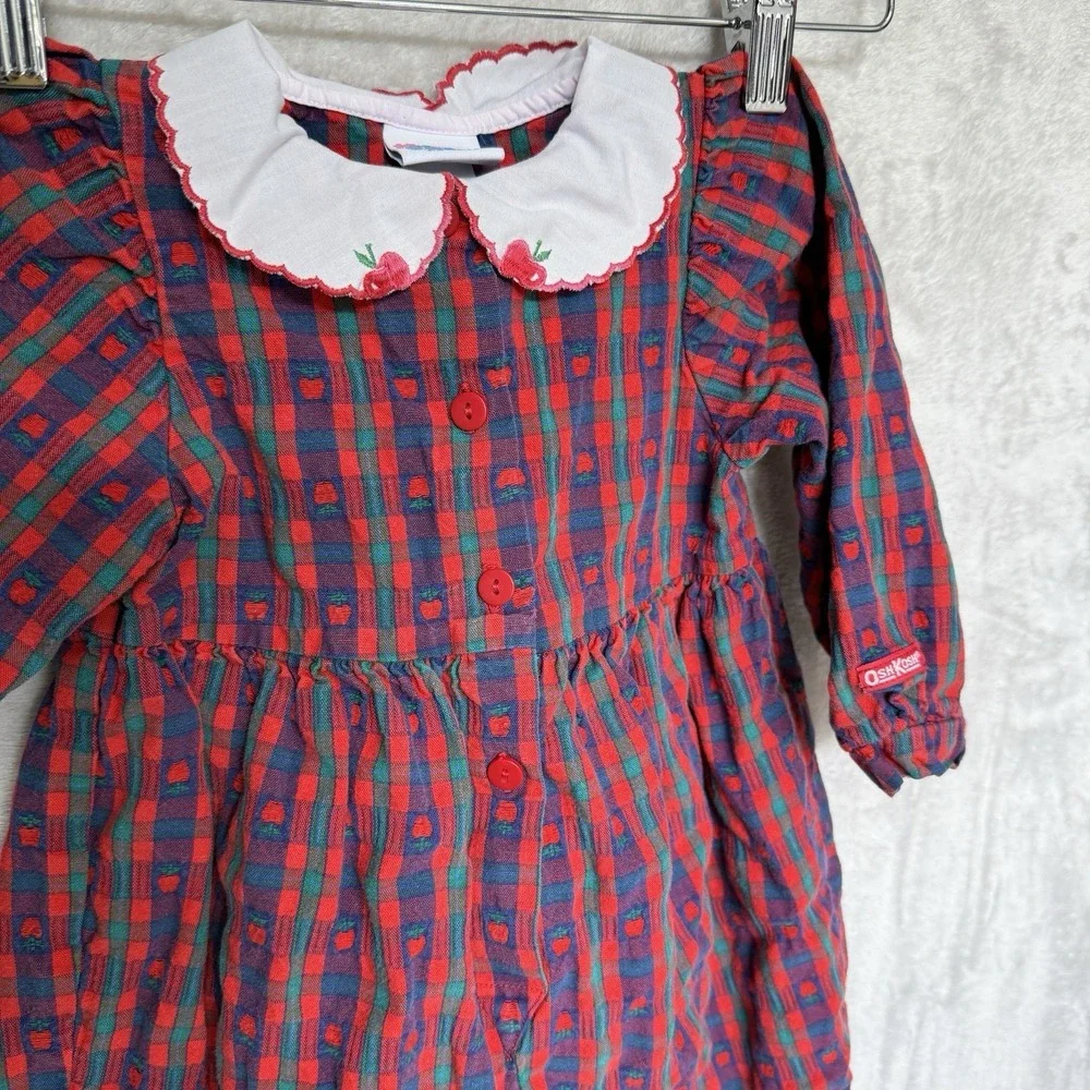 Vintage OshKosh B'Gosh Plaid Apple Print Romper Girls 24 months Cottage core USA